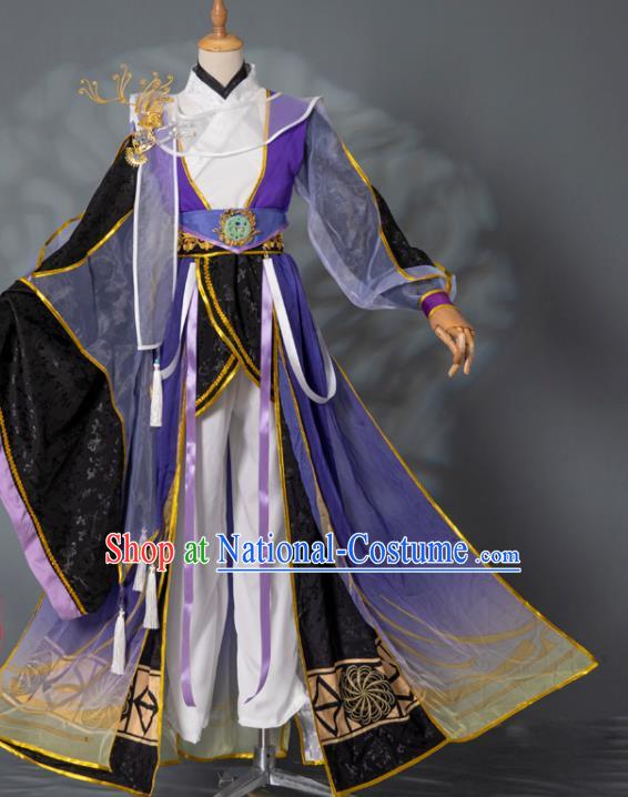 China Ancient Young Childe Garment Costumes Traditional Hanfu Clothing Cosplay Swordsman Purple Apparels