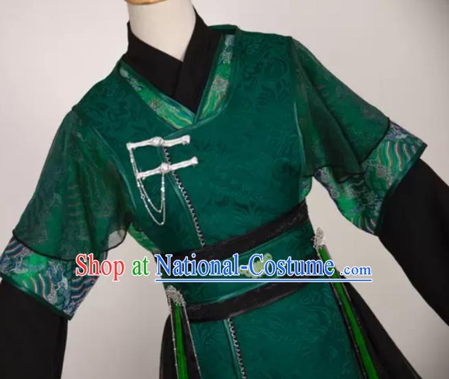 China Ancient Prince Garment Costumes Traditional Hanfu Clothing Cosplay Swordsman Qi Rong Deep Green Apparels