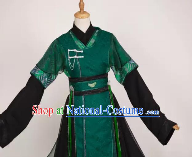 China Ancient Prince Garment Costumes Traditional Hanfu Clothing Cosplay Swordsman Qi Rong Deep Green Apparels