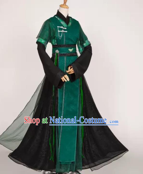 China Ancient Prince Garment Costumes Traditional Hanfu Clothing Cosplay Swordsman Qi Rong Deep Green Apparels