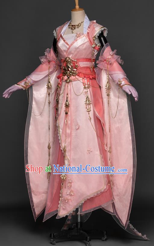 China Cosplay Fairy Pink Long Dress Ancient Princess Garment Costumes Game Jian Xia Qing Yuan Xiu Niang Clothing