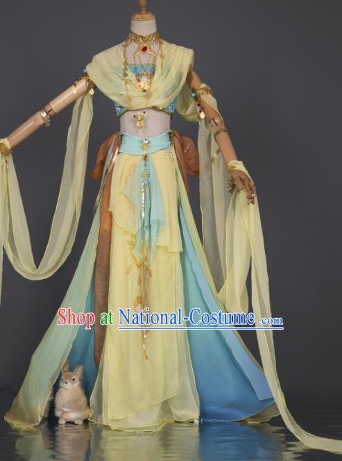 China Traditional Hanfu Dance Yellow Chiffon Apparels Ancient Fairy Clothing Cosplay Goddess Garment Costumes