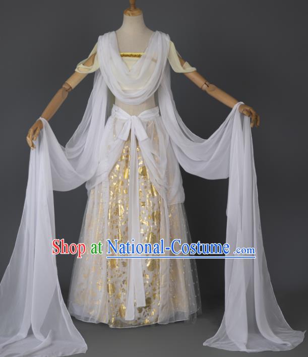 China Traditional Hanfu Dance Apparels Ancient Fairy White Dress Clothing Cosplay Dunhuang Goddess Garment Costumes