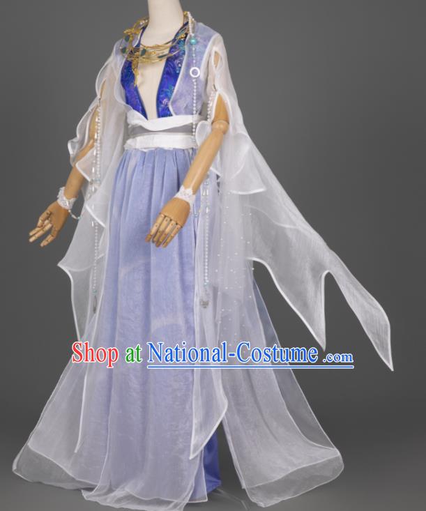 China Cosplay Goddess Garment Costumes Traditional Hanfu Dance Apparels Ancient Young Lady Blue Dress Clothing