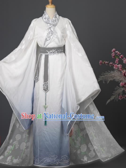 China Traditional Hanfu Apparels Ancient Swordsman White Clothing Cosplay Prince Garment Costumes