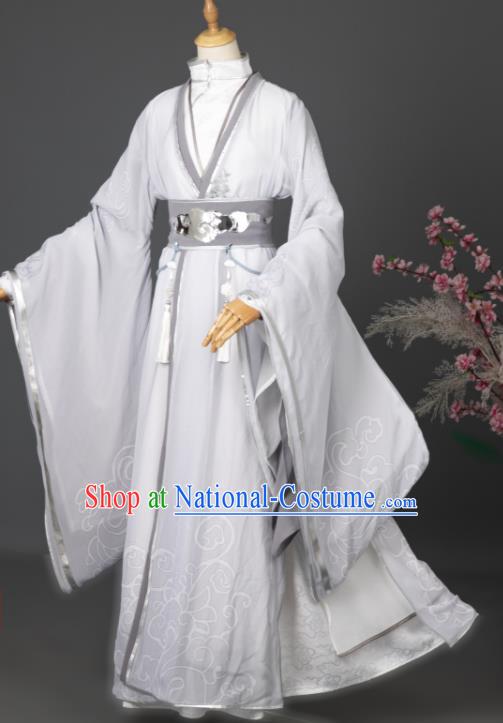 China Cosplay Prince Garment Costumes Traditional Hanfu Apparels Ancient Swordsman White Printing Clothing