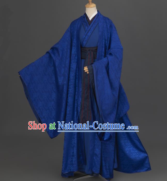 China Cosplay Prince Garment Costumes Traditional Hanfu Apparels Ancient Young Childe Deep Blue Clothing