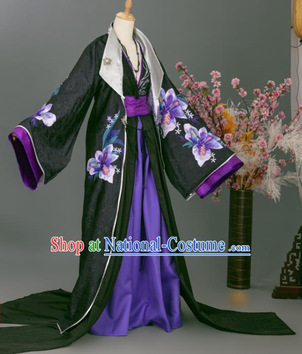 China Ancient Swordsman Printing Black Clothing Cosplay Noble Childe Garment Costumes Traditional Xian Xia Chief Hanfu Apparels