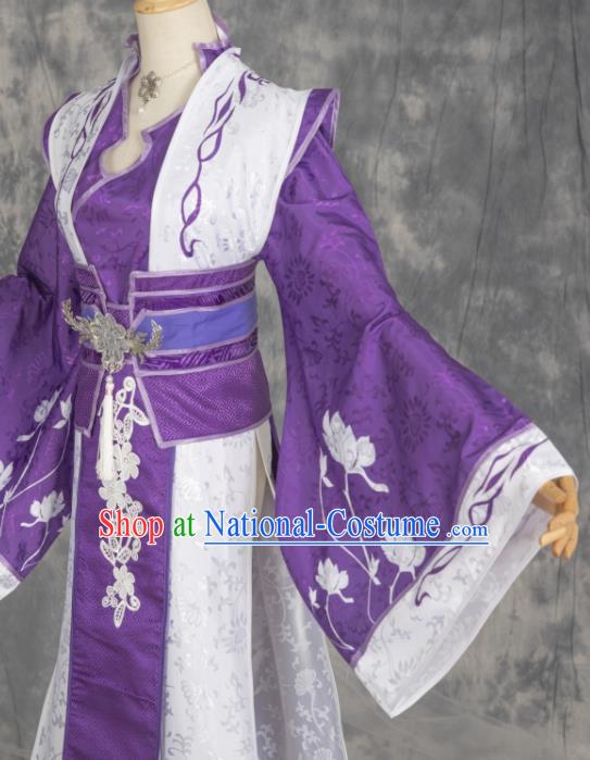 China Traditional Xian Xia Hanfu Dress Apparels Ancient Swordswoman Purple Clothing Cosplay Taoist Nun Garment Costumes