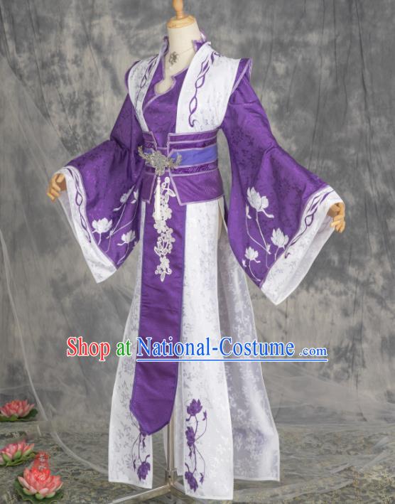 China Traditional Xian Xia Hanfu Dress Apparels Ancient Swordswoman Purple Clothing Cosplay Taoist Nun Garment Costumes