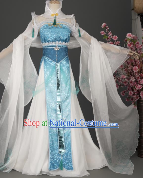 China Cosplay Fairy Garment Costumes Traditional Xian Xia Blue Hanfu Dress Apparels Ancient Princess Clothing