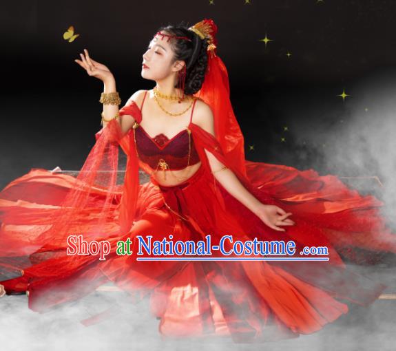 China Traditional Hanfu Dance Apparels Ancient Dunhuang Goddess Red Dress Clothing Cosplay Flying Fairy Garment Costumes