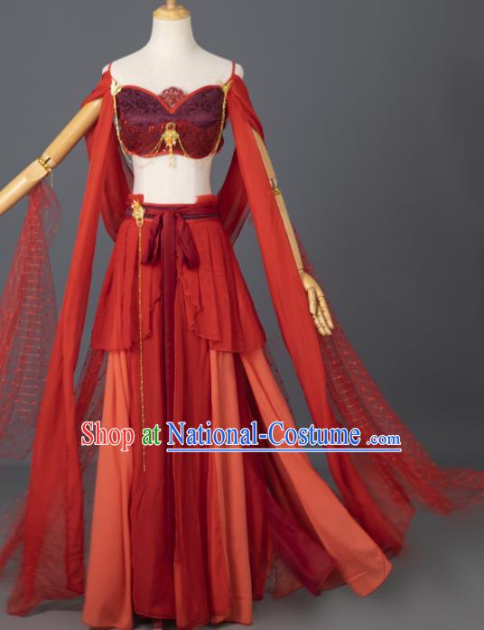 China Traditional Hanfu Dance Apparels Ancient Dunhuang Goddess Red Dress Clothing Cosplay Flying Fairy Garment Costumes