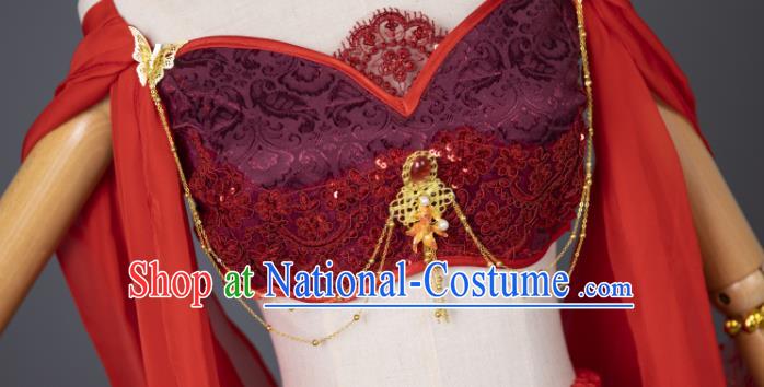 China Traditional Hanfu Dance Apparels Ancient Dunhuang Goddess Red Dress Clothing Cosplay Flying Fairy Garment Costumes