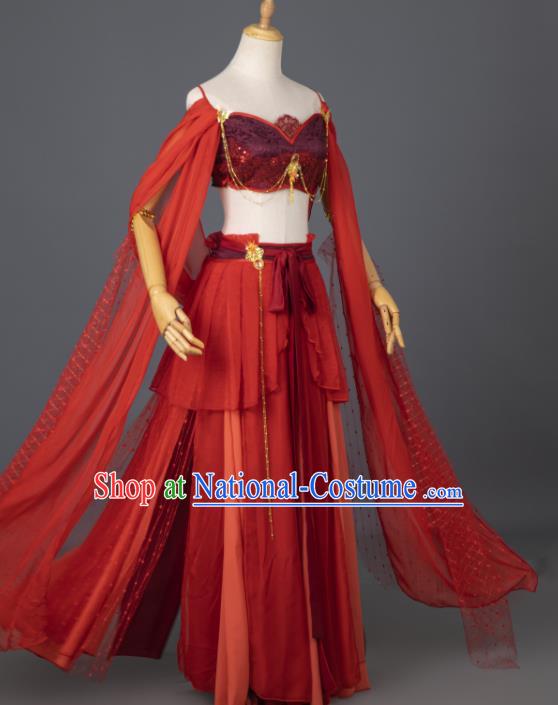 China Traditional Hanfu Dance Apparels Ancient Dunhuang Goddess Red Dress Clothing Cosplay Flying Fairy Garment Costumes