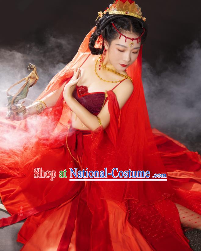 China Traditional Hanfu Dance Apparels Ancient Dunhuang Goddess Red Dress Clothing Cosplay Flying Fairy Garment Costumes