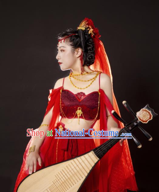 China Traditional Hanfu Dance Apparels Ancient Dunhuang Goddess Red Dress Clothing Cosplay Flying Fairy Garment Costumes