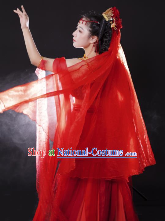 China Traditional Hanfu Dance Apparels Ancient Dunhuang Goddess Red Dress Clothing Cosplay Flying Fairy Garment Costumes