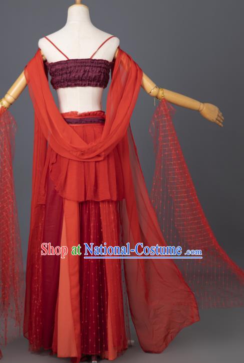 China Traditional Hanfu Dance Apparels Ancient Dunhuang Goddess Red Dress Clothing Cosplay Flying Fairy Garment Costumes