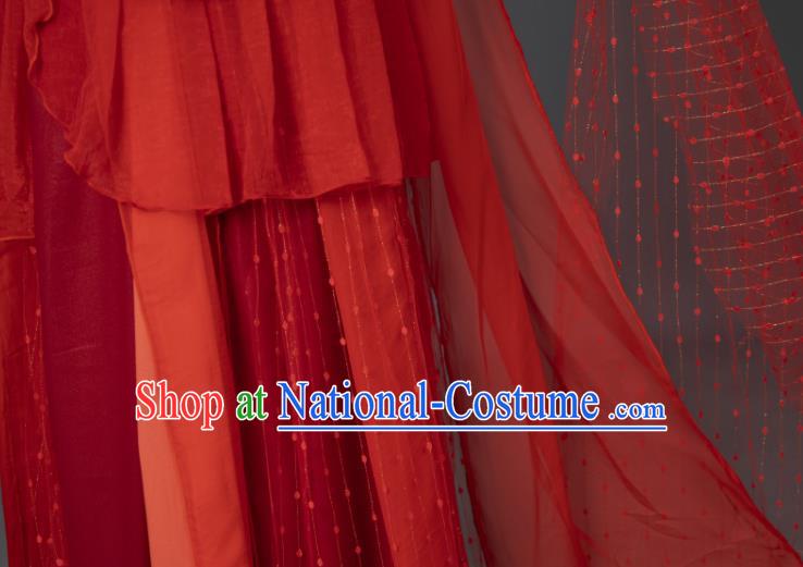 China Traditional Hanfu Dance Apparels Ancient Dunhuang Goddess Red Dress Clothing Cosplay Flying Fairy Garment Costumes