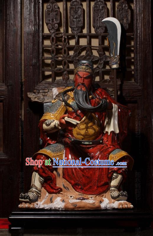 Chinese Handmade Guan Gong Night Reading Sculptures Shi Wan Ceramic Figurine Guan Yu Porcelain Statue Arts