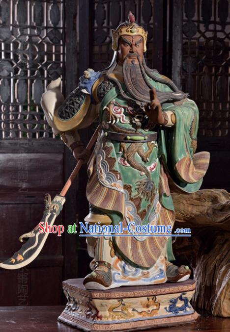 Chinese Shi Wan Ceramic Figurine Green Robe Guan Yu Porcelain Statue Arts Handmade Guan Gong Blade Sculptures