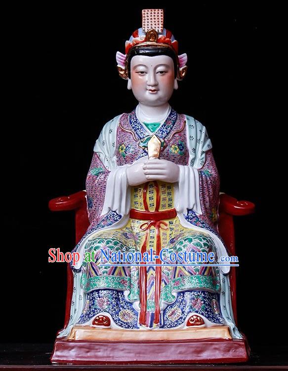 Handmade Shi Wan Porcelain Figurine Craft Goddess Ma Zu Statue Colorful Ceramics Heaven Queen Statue