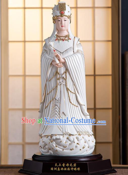 Handmade China White Ceramics Heaven Queen Statue Shi Wan Porcelain Figurine Craft Gold Drawing Goddess Ma Zu Statue