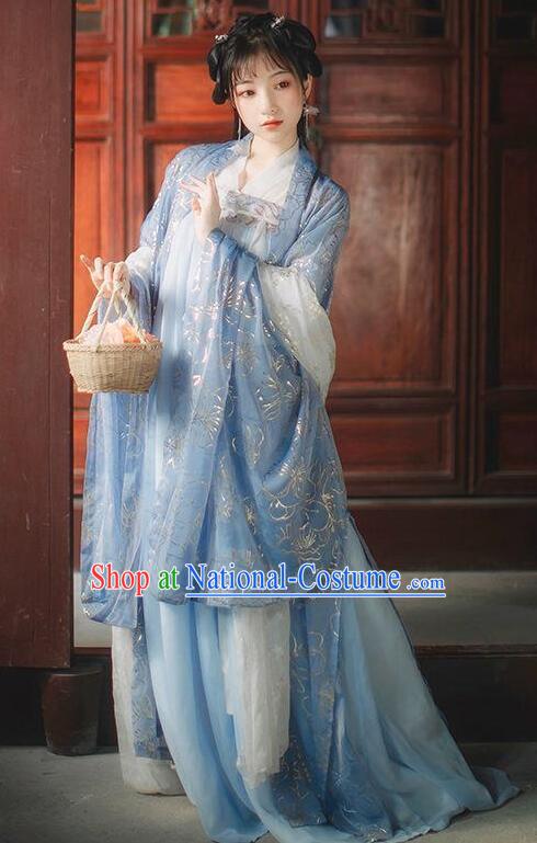 China Ancient Princess Blue Wide Sleeve Cape Traditional Hanfu Da Xiu Shan Overcoat for Women