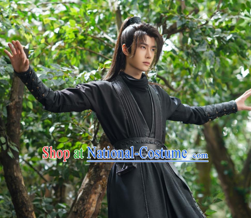 China Ancient Swordsman Garment Costumes Traditional Black Hanfu Apparels Wuxia Drama The Legend of Fei Xie Yun Wang Yibo Clothing