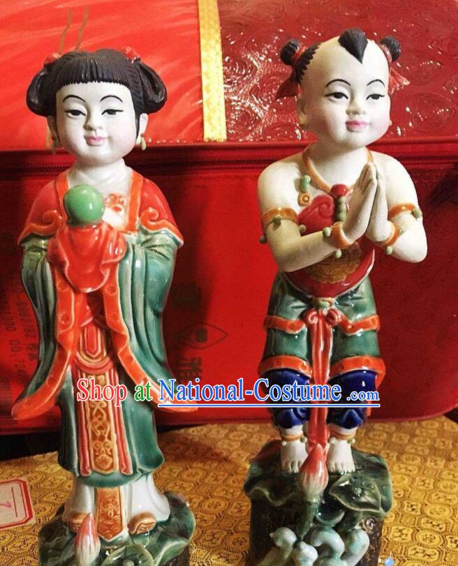 Chinese Shi Wan Ceramic Craft Long Lv Hong Hai Er Statues