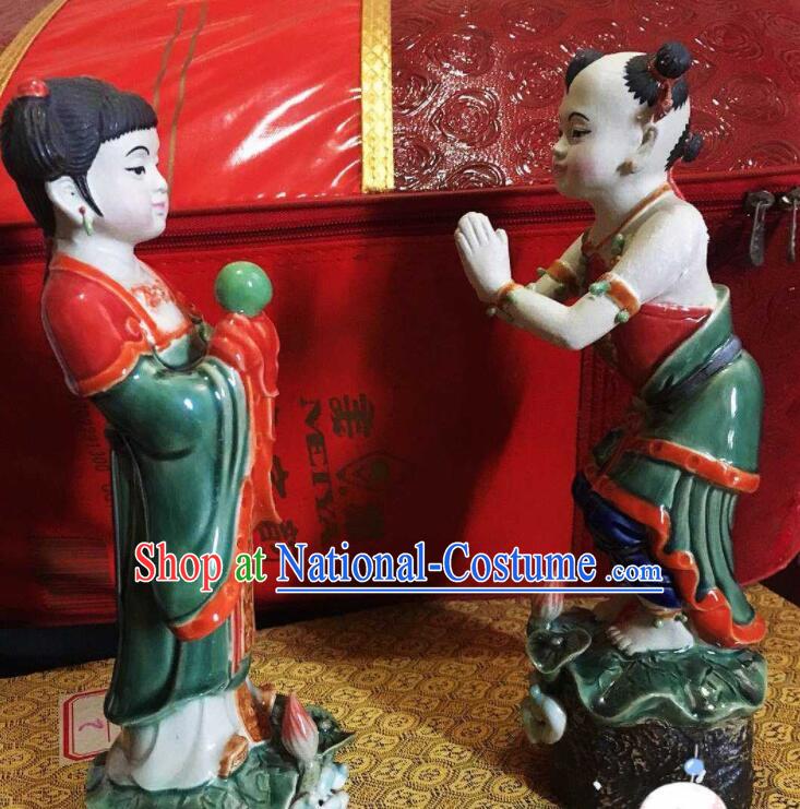 Chinese Shi Wan Ceramic Craft Long Lv Hong Hai Er Statues