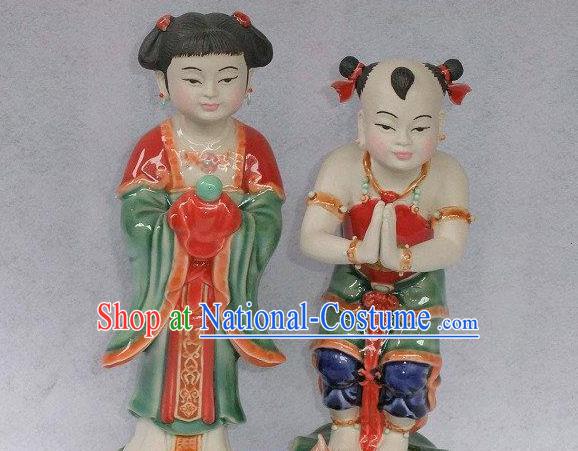 Chinese Shi Wan Ceramic Craft Long Lv Hong Hai Er Statues