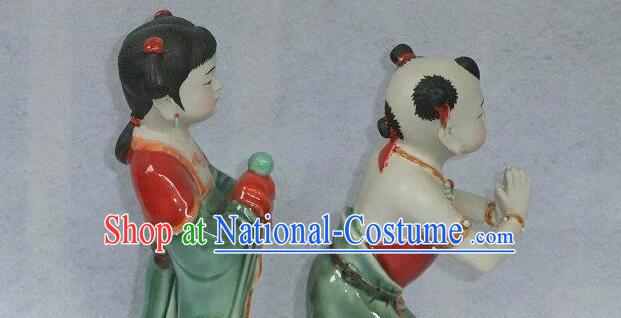 Chinese Shi Wan Ceramic Craft Long Lv Hong Hai Er Statues