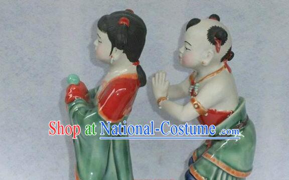 Chinese Shi Wan Ceramic Craft Long Lv Hong Hai Er Statues