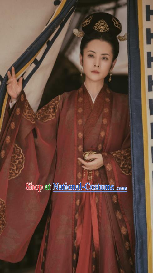 Chinese Drama The Long Ballad Empress Clothing Ancient Queen Garment Costumes Traditional Rust Red Hanfu Dress and Headpieces