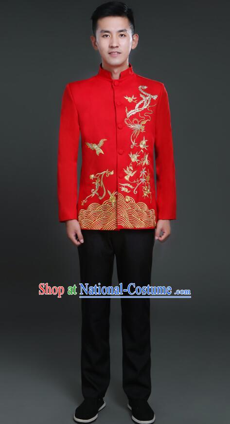 Chinese Zhongshan Clothing Tang Suits Traditional Wedding Suits Embroidered Phoenix Groom Costumes