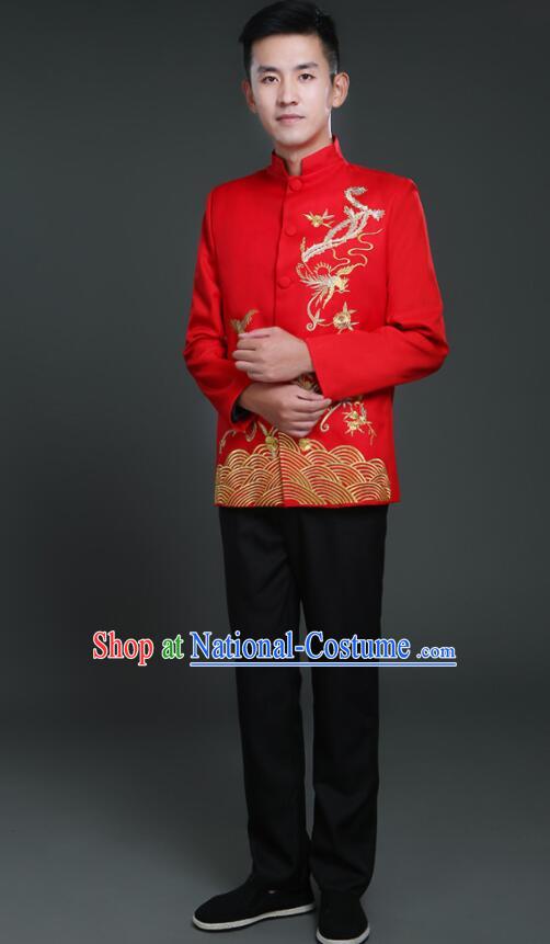 Chinese Zhongshan Clothing Tang Suits Traditional Wedding Suits Embroidered Phoenix Groom Costumes