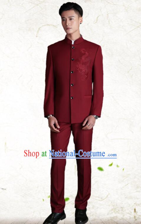 Chinese Traditional Wedding Suits Embroidered Dragon Groom Costumes Zhongshan Clothing Wine Red Tang Suits