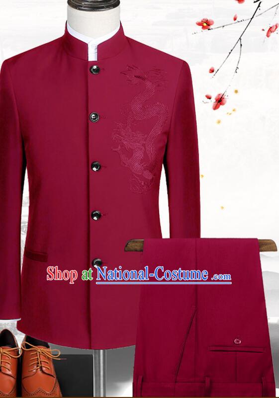 Chinese Traditional Wedding Suits Embroidered Gragon Groom Costumes Zhongshan Clothing Wine Red Tang Suits