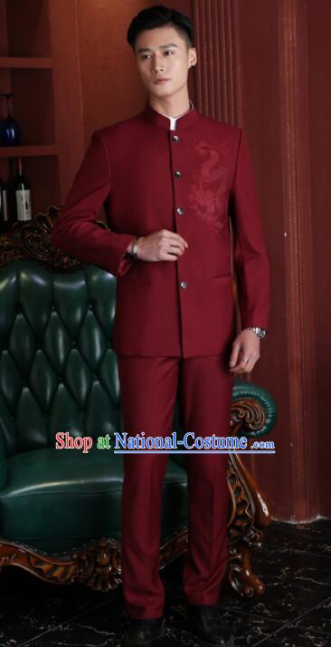 Chinese Traditional Wedding Suits Embroidered Gragon Groom Costumes Zhongshan Clothing Wine Red Tang Suits