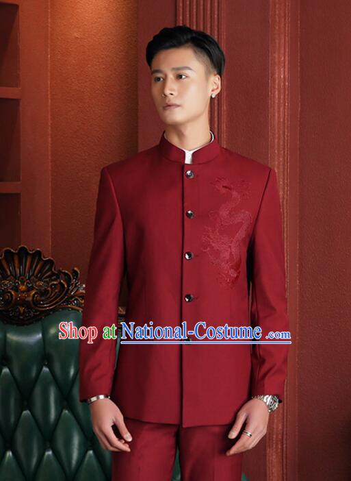 Chinese Traditional Wedding Suits Embroidered Gragon Groom Costumes Zhongshan Clothing Wine Red Tang Suits