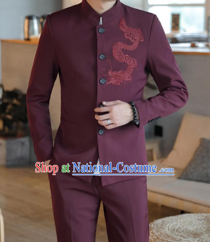 Chinese Zhongshan Groom Clothing Traditional Tang Suits Wedding Suits Embroidered Dragon Costumes