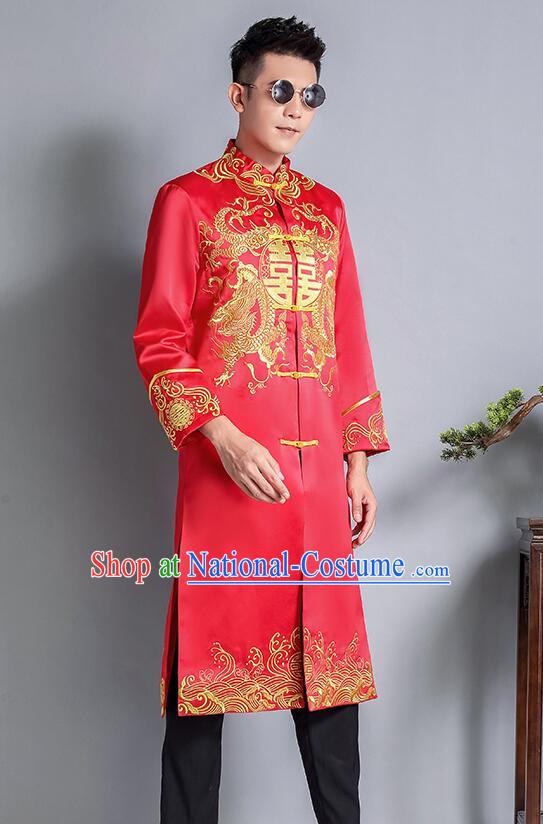 Chinese Traditional Tang Zhuang Embroidered Dragon Costumes Groom Long Mandarin Jacket Clothing Wedding Suits