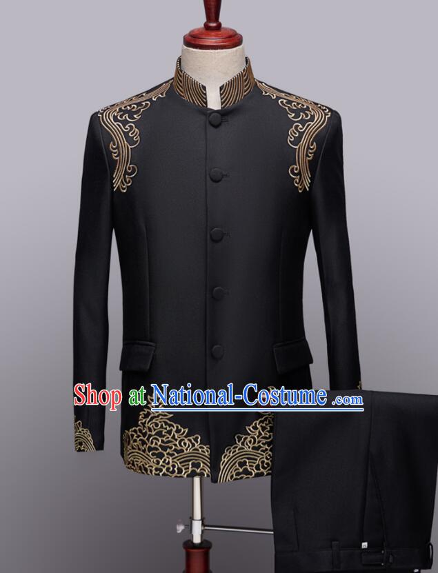 Chinese Wedding Suits Traditional Tang Zhuang Embroidered Costumes Groom Black Clothing