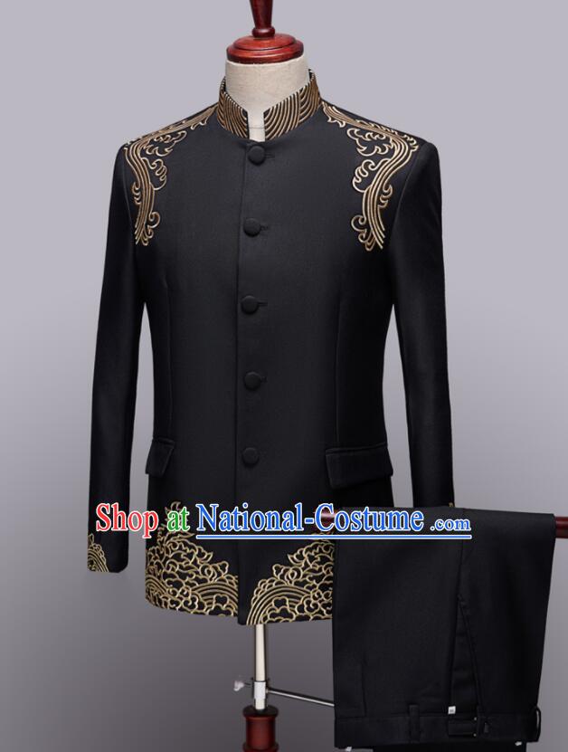 Chinese Wedding Suits Traditional Tang Zhuang Embroidered Costumes Groom Black Clothing