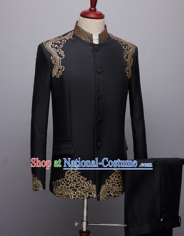 Chinese Wedding Suits Traditional Tang Zhuang Embroidered Costumes Groom Black Clothing