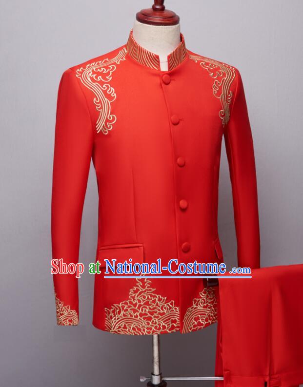 Chinese Groom Red Clothing Wedding Suits Traditional Tang Zhuang Embroidered Costumes