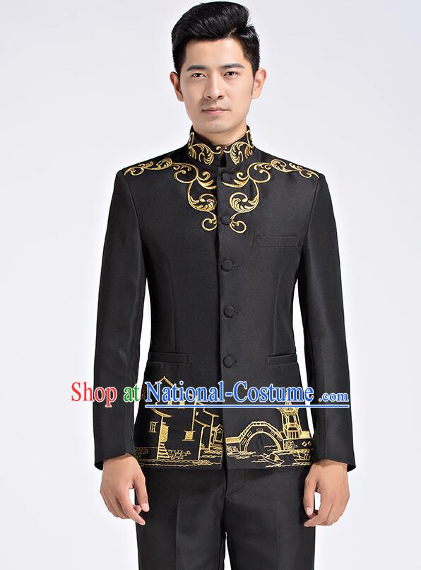 Chinese Traditional Wedding Suits Tang Zhuang Zhongshan Costumes Groom Black Clothing