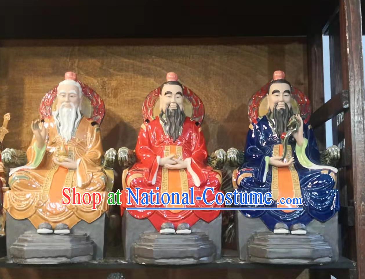 Chinese San Qing Porcelain Statues Handmade Arts Shi Wan Ceramic Three Gods Figurine